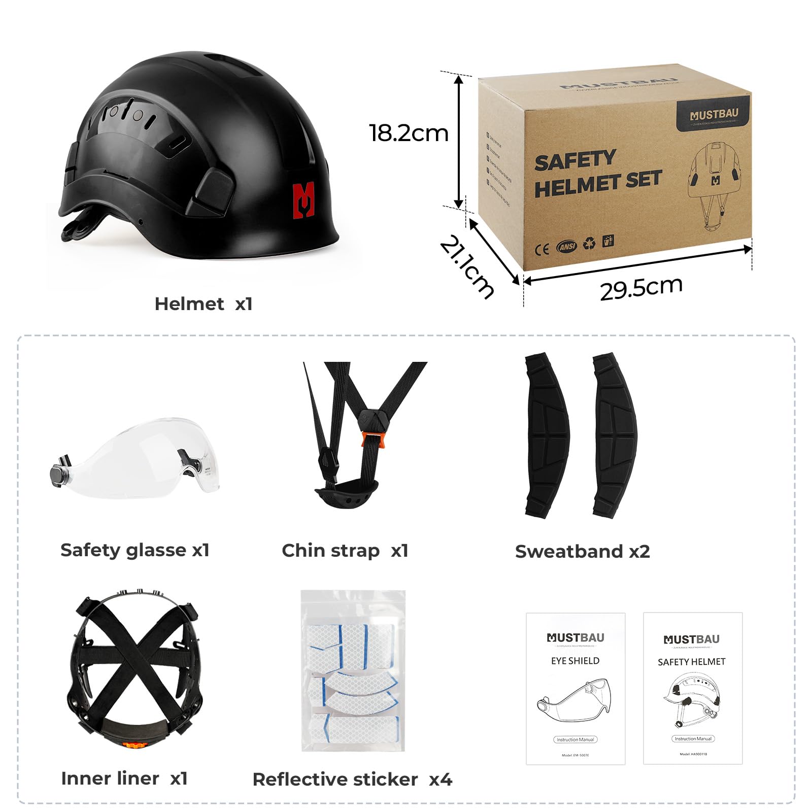 Casque de Sécurité, Casques de Protection EN397 avec Visière et Bandeau Absorbant, 53 à 63 cm Tour de Tête Réglable, Matériau ABS Résistant pour Hommes Femmes