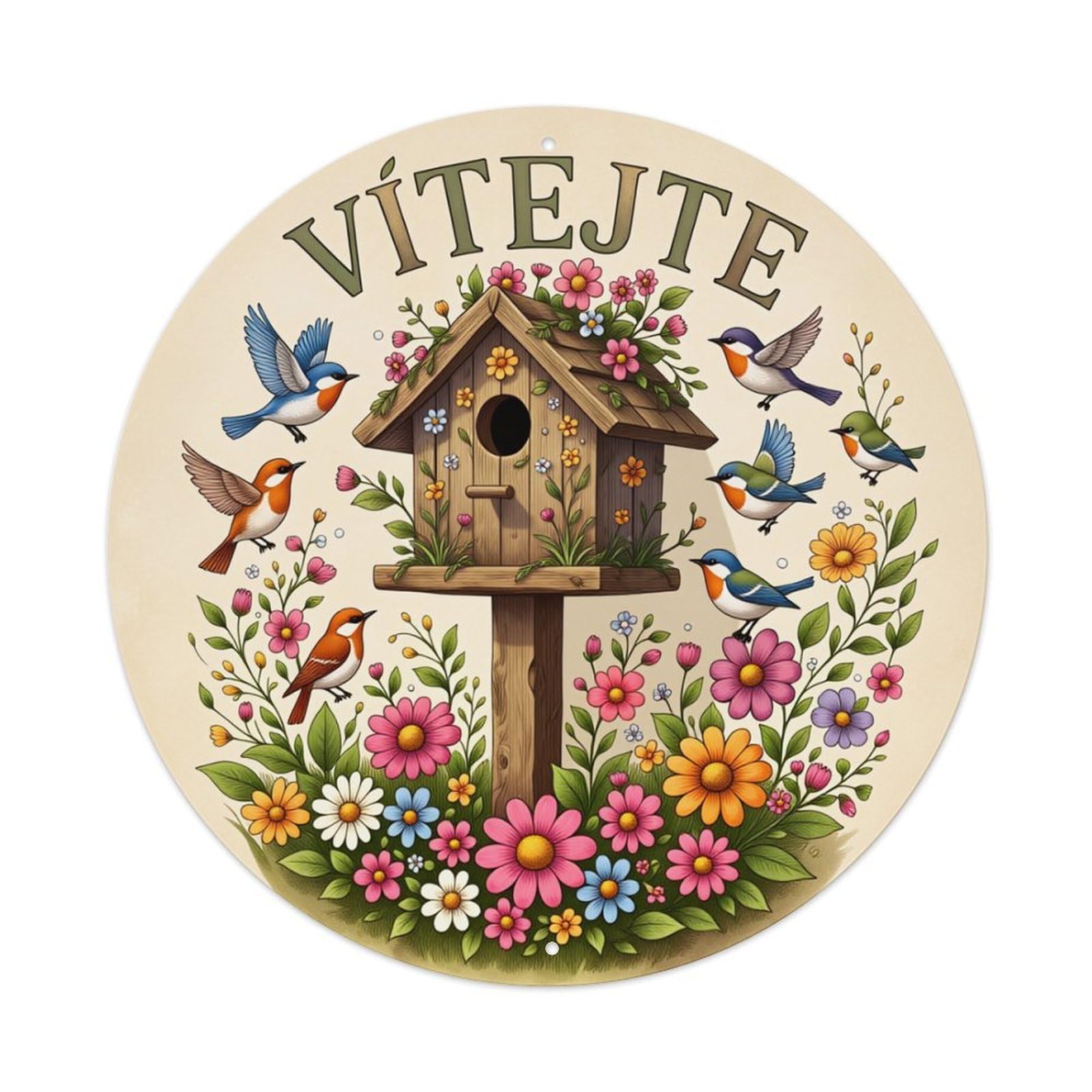 Birdhouse Flowers Birds Welcome Spring Round Tin Sign Retro Metal Sign for Cafe Bar Pub Home Game Room Gym Club Wall Decoration Vintage Metal Poster 8x8 Inch