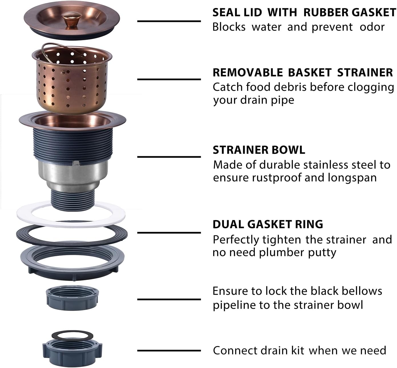 KONE 3/1-2 Inch Sink Drain Assembly Antique Copper Kitchen Sink Drain Kit Copper Stainless Steel Sink Basket Strainer Rubber Stopper, Sealing Lid/Removable Deep Waste Basket for Home, Kitchen - Image 6