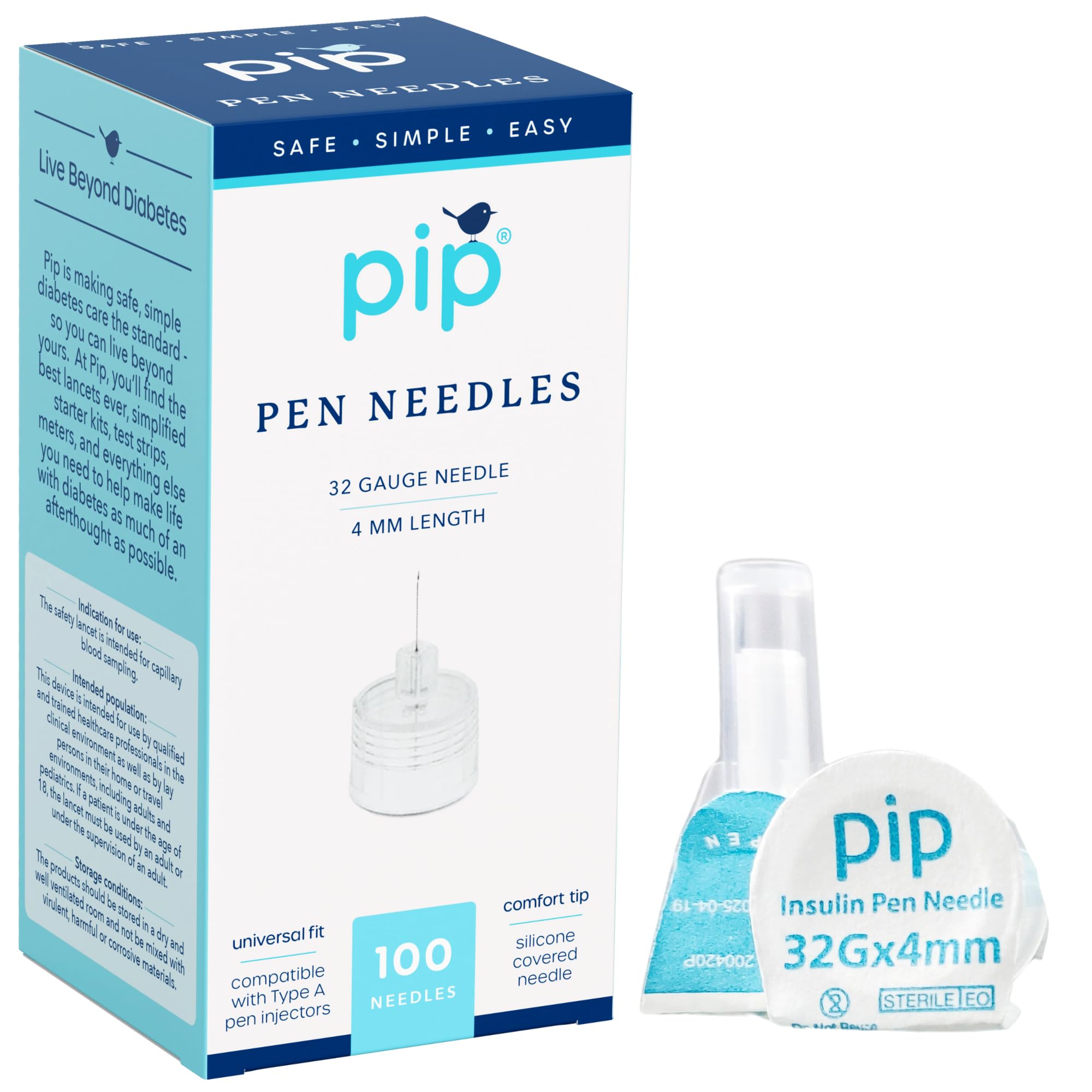 Pip Insulin Pen Needles (32G 4mm) 100 Pieces