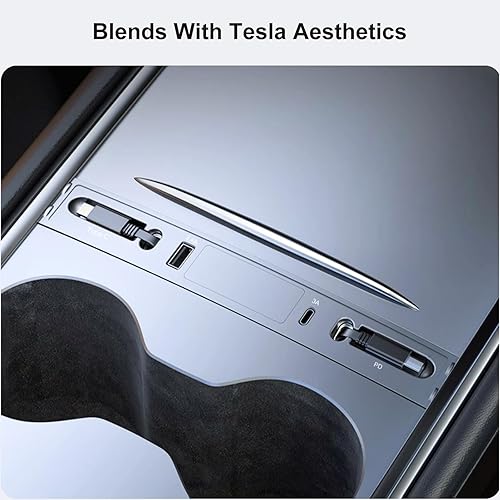 Miniatura 5 de Hub USB retráctil Tesla para consola central modelo Y modelo 3 2021-2023 con carga rápida y cables de carga integrados, accesorios Tesla Model 3 y