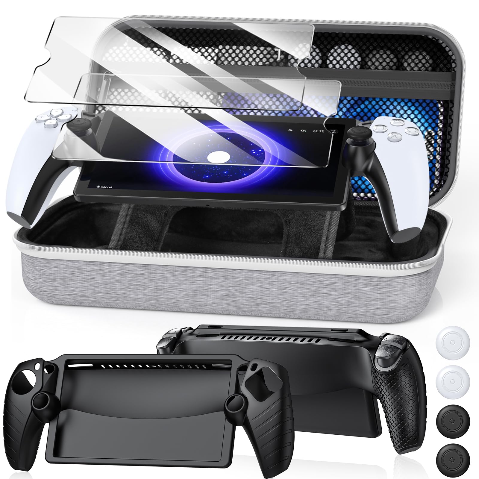 10 in 1 Accessoris Kit Compatible with PS5 Portal, Hard EVA Carry Case for Ps Portal, Soft Silicone Protective Cover, 2 HD Pack Screen Protector, 2 Cleaning Kit with 4 Thumb Grip for PlayStation Portal Remote Player (Grey)