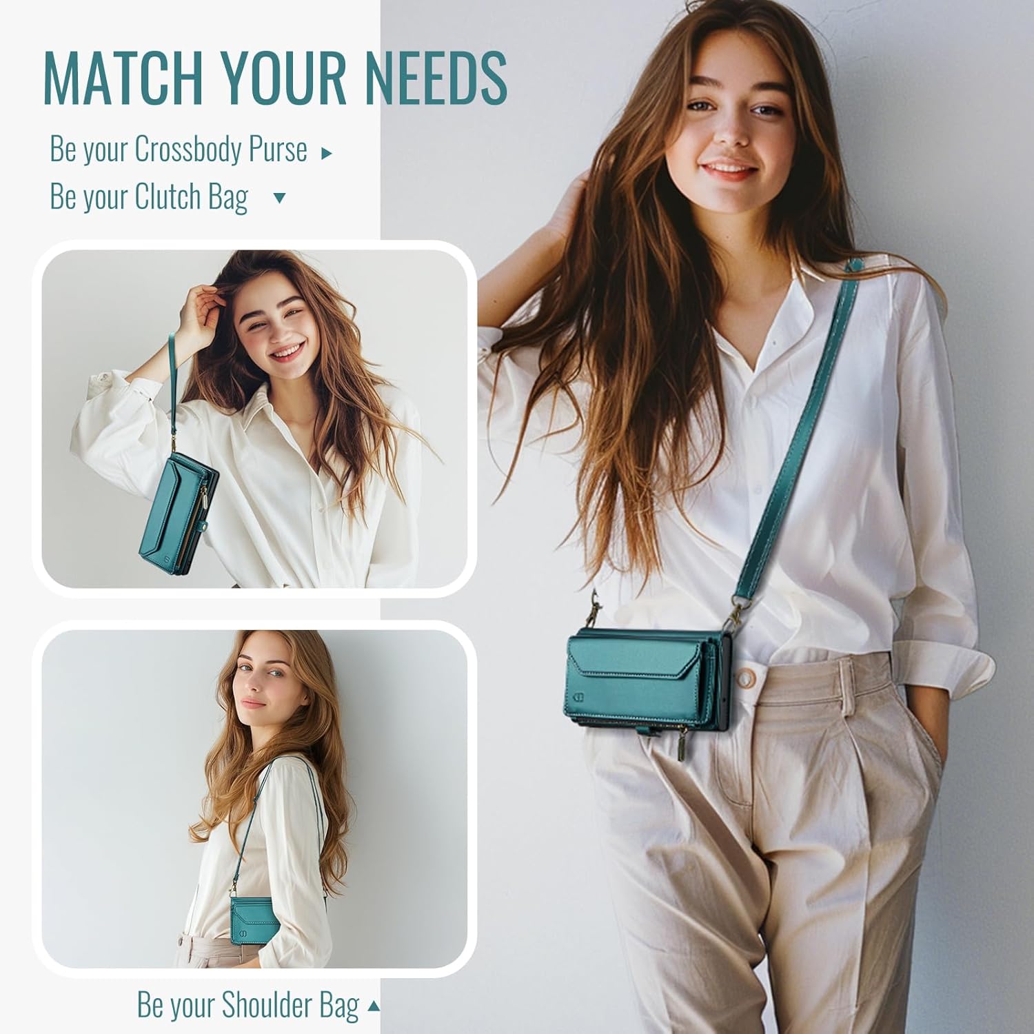 Wallet Case Compatible with iPhone 13 RFID Blocking 7-Card Holder Soft PU Leather Magnetic Snap Shoulder Strap Zipper Pocket Phone Case Fit for iPhone 13 for Women 6.1" - Blue Green - Image 3