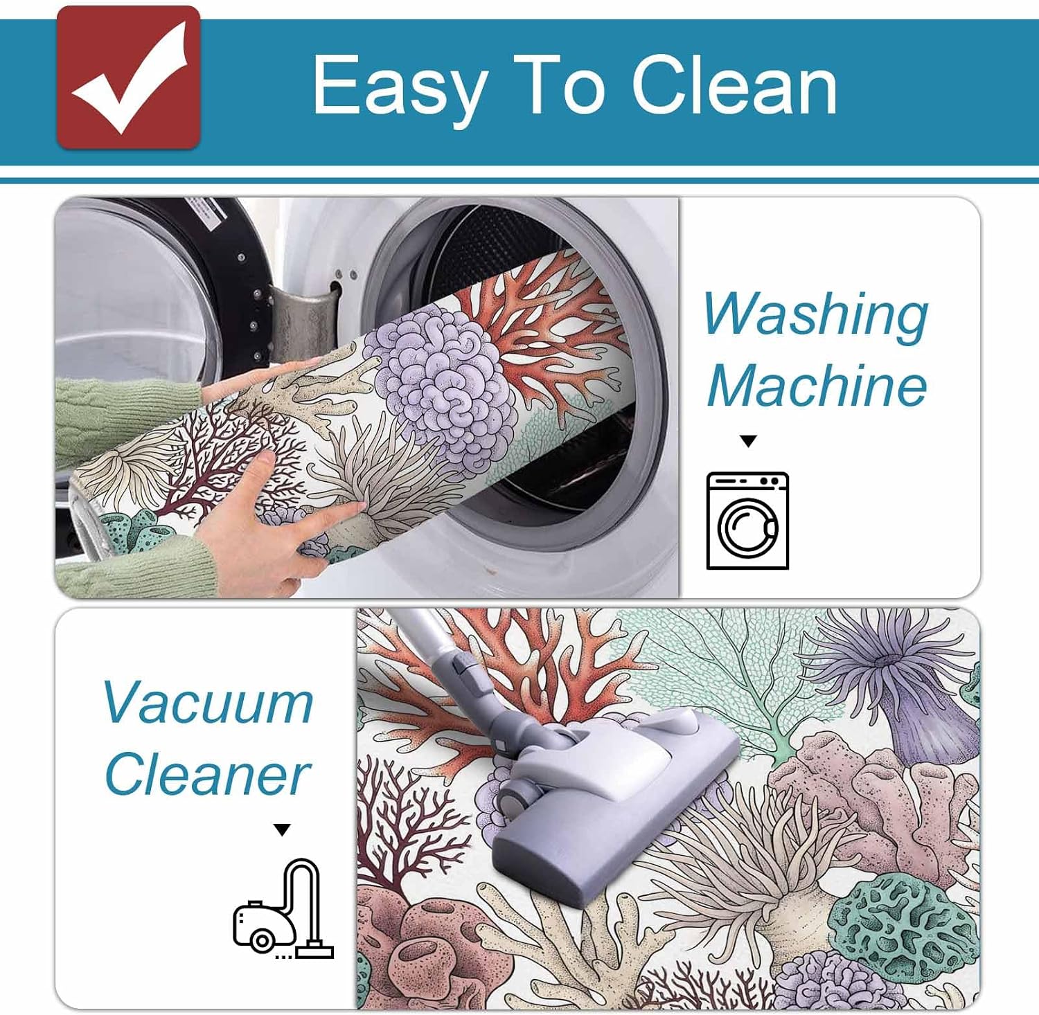 Marine Life Kitchen Mat Set 2 Pieces Green Purple Red Brown Coral Seaweed Ocean Summer Non Slip Kitchen Rugs Washable Runner Rug Mats for Floor Sink Laundry Office 19.7" x 31.5"+19.7" x 47.2"
