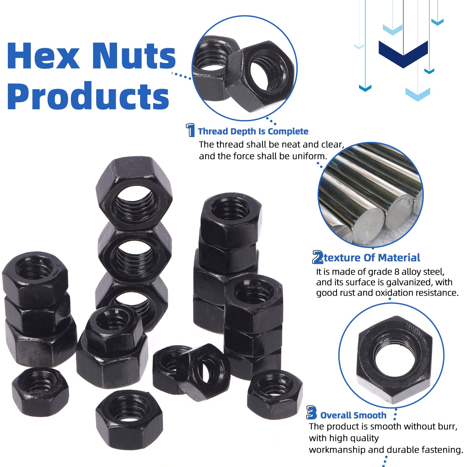 Glarks 512Pcs 1/4-20", 5/16-18", 3/8-16" Kit d'assortiment de rondelles de vis hexagonales de grade 8, rondelles de verrouillage de vis hexagonales noires et rondelles de joint plat