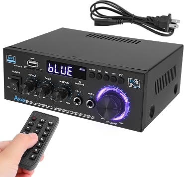Bluetooth Amplifier 5.0 HiFi Stereo Power Amplifier Receiver 2.0 Channel 2X40W Mini Amplifier Compact Home Audio Amplifier Bass/Treble Control FM/USB/SD/MIC Input for Speakers