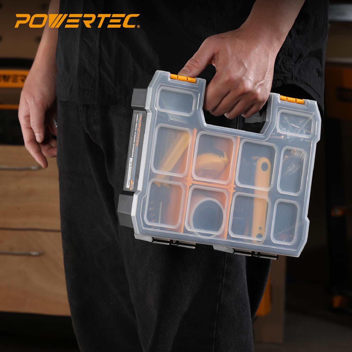 POWERTEC Organizer per piccole parti e cassetta degli attrezzi, 10 scomparti, impilabile con divisori rimovibili, coperchio trasparente, design portatile, confezione da 3 (72117-P3)