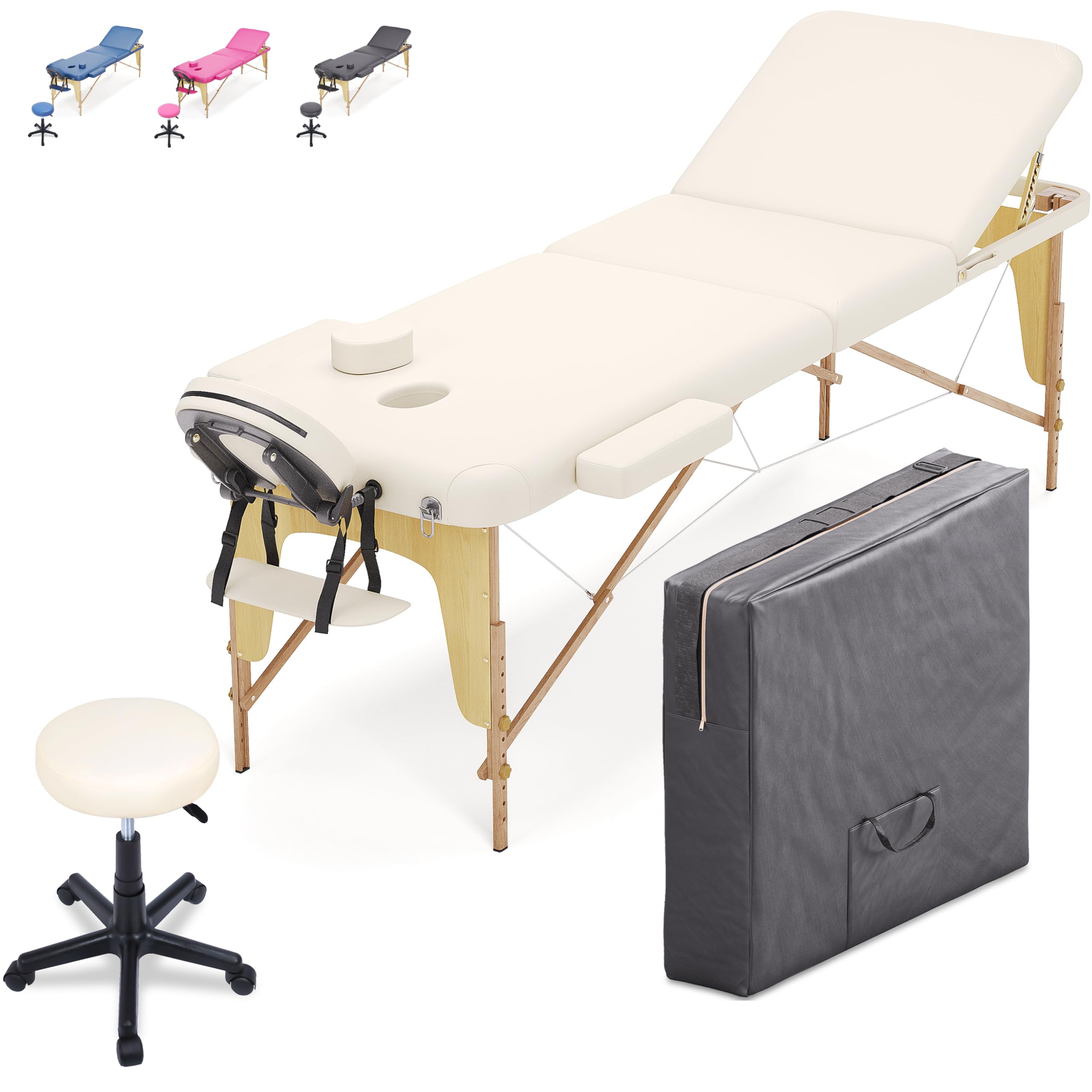 BELTOM® Camilla DE Masaje 3 Zonas PORTATIL + Taburete + Bolsa X Mesa Cama Banco Plegable - Crema