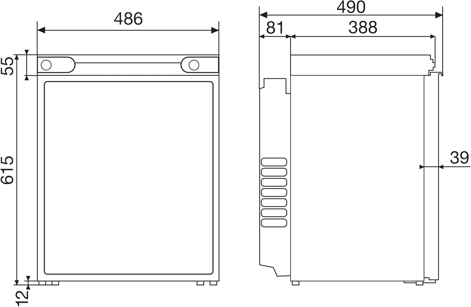 Technical drawing of Dometic CombiCool RF60 Fridge with detailed measurements