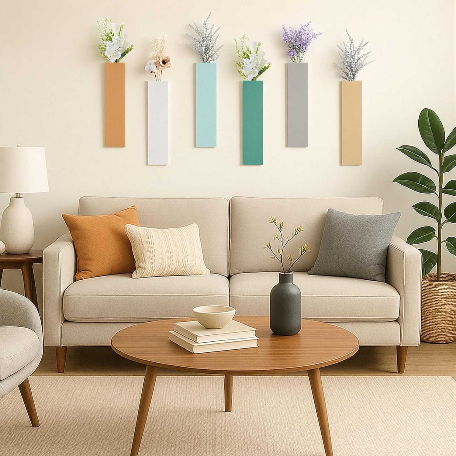 Chunful 6 Pcs Wood Boho Wall Planter Hanging Vertical Wall Vases for Indoor Plants Dried Flowers Faux Greenery Rustic Bohemian Home Decor for Living Room Hallway Office Bedroom Bathroom Apartment