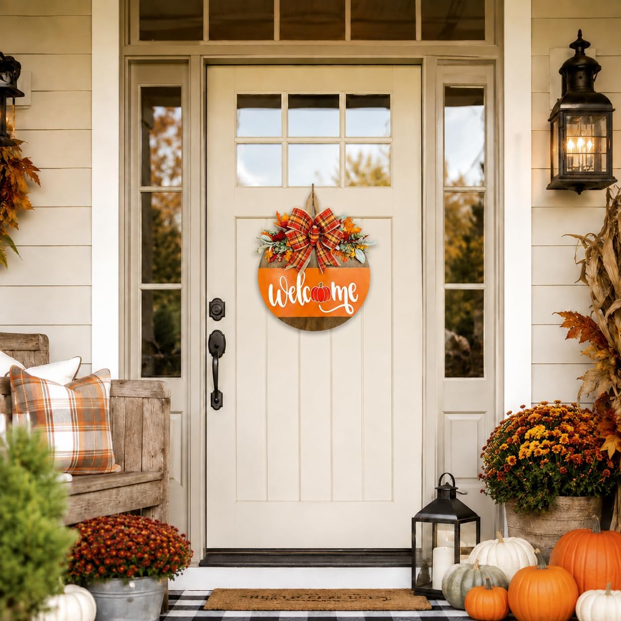 Fall Door Sign for Front Door, Wooden Welcome Hanger with Pumpkin Design, Plaid Bow and Autumn Leaves, Porch Entry Decor, Harvest Wreath Accent, Thanksgiving Decorations for Home and Covered Porch