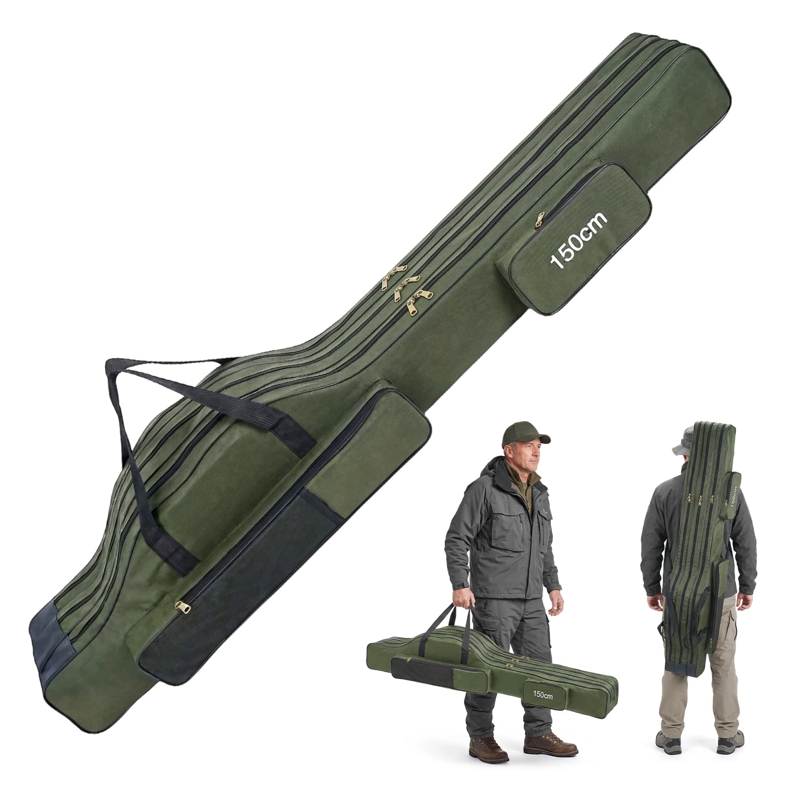 Angelrutentasche Angeltasche Rutentasche Rod Case mit 3 Fächern für Outdoor-Angelruten, 150cm Faltender Angelrute Tasche, Angelrute Werkzeuge Aufbewahrungstasche, Tragbare Angelgerät Tasche (Grün)