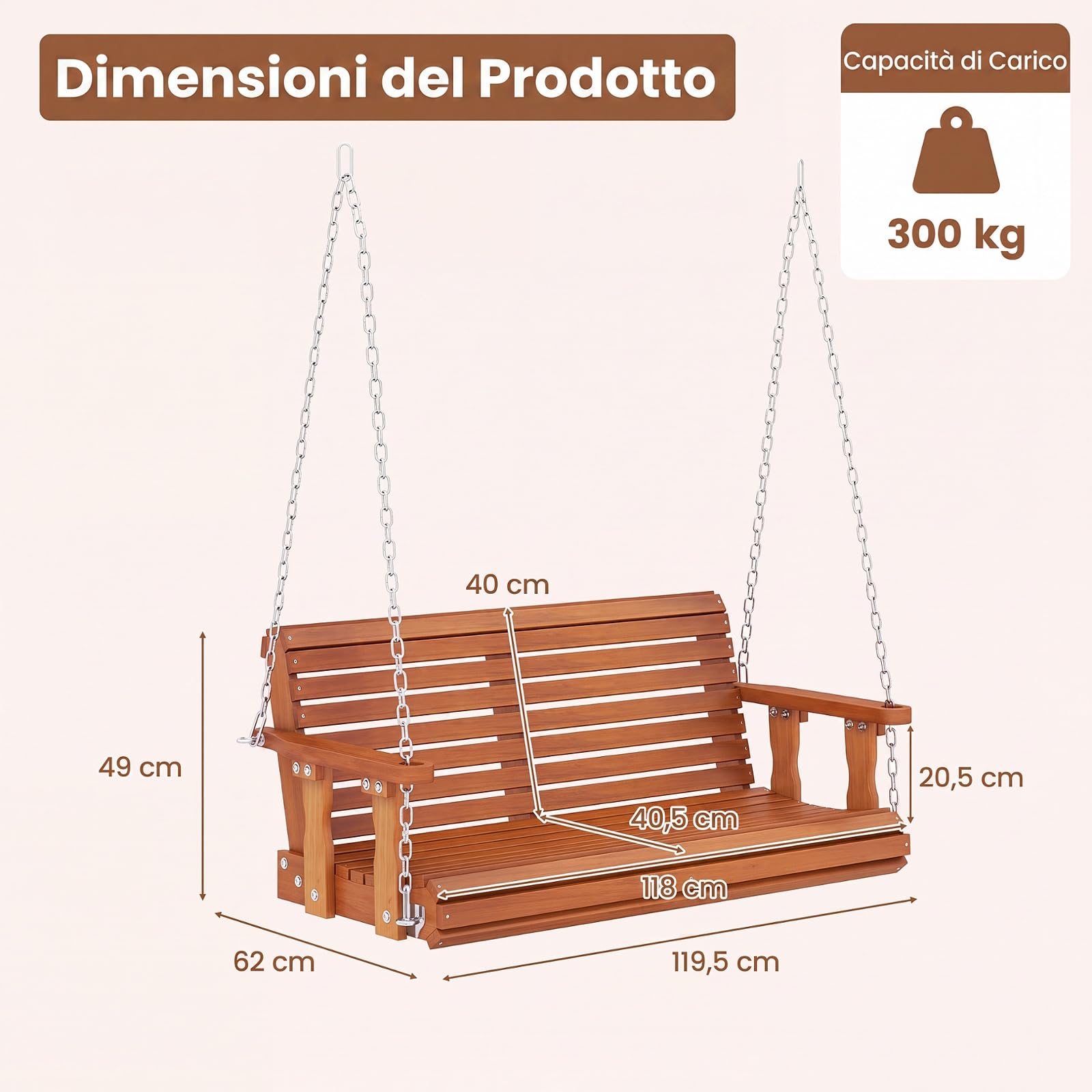 COSTWAY Altalena da Giardino a 2 Posti, Panca Sospesa in Legno | con Altezza Regolabile, Schienale Ergonomico e Sedile a Doghe, Panchina da Appendere per Giardino e Cortile, Portata 300 kg
