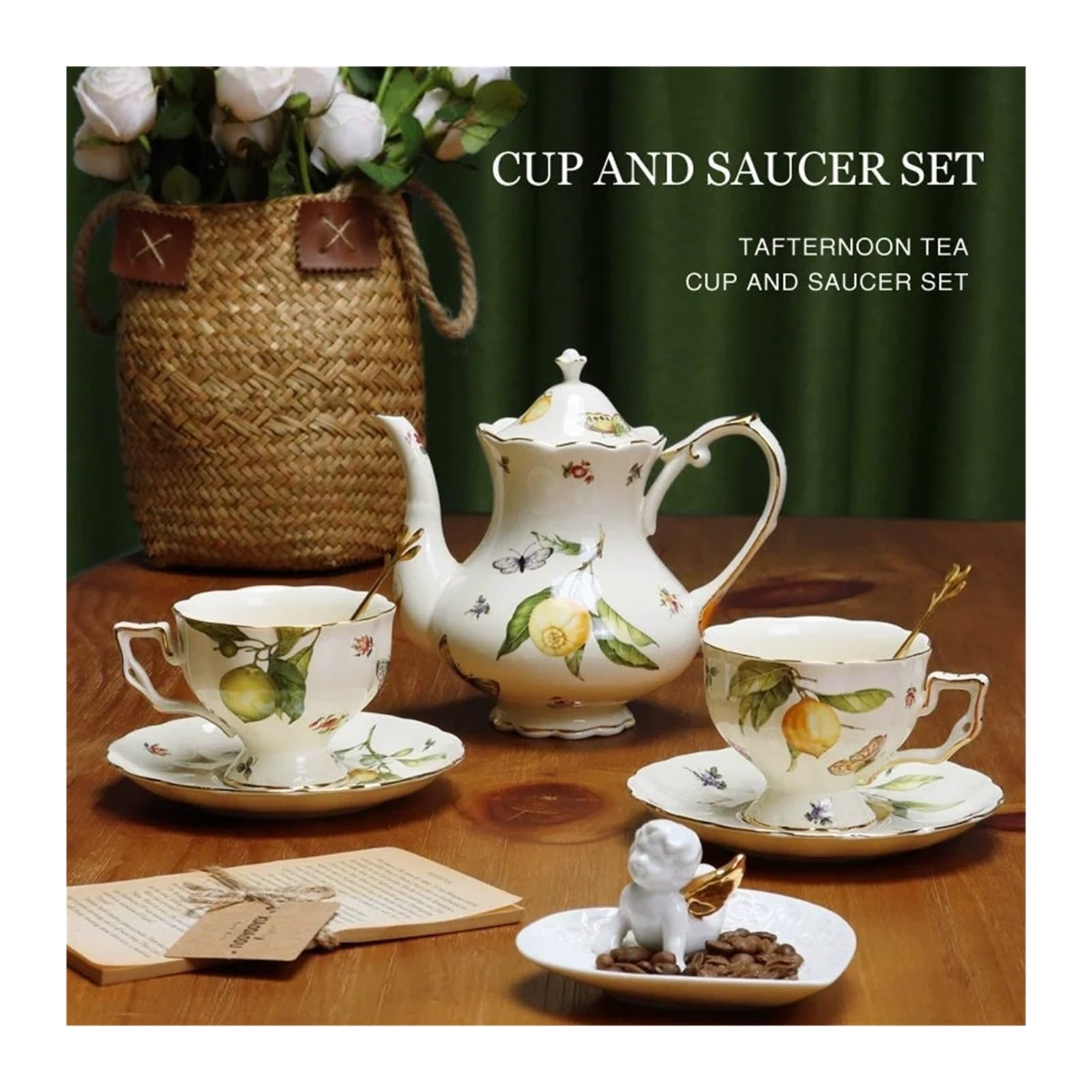 Ceramic Mug Coffee Cup and Saucers Set Lemon Pattern Retro