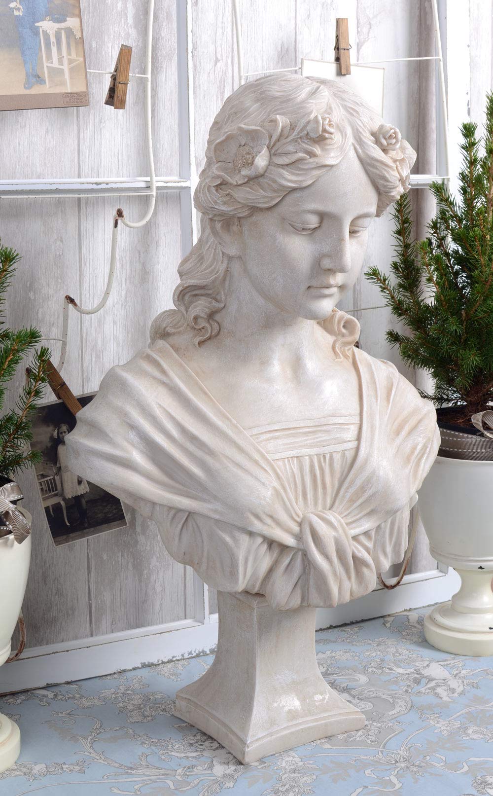 PALAZZO INT JUGENDSTIL BÜSTE „Madame Camille“ – Romantische Mädchenfigur im Shabby Chic Antik Look Polystein Skulptur 58 cm Französischer Stil Jugendstil Statue Deko für Haus Wintergarten & Garten