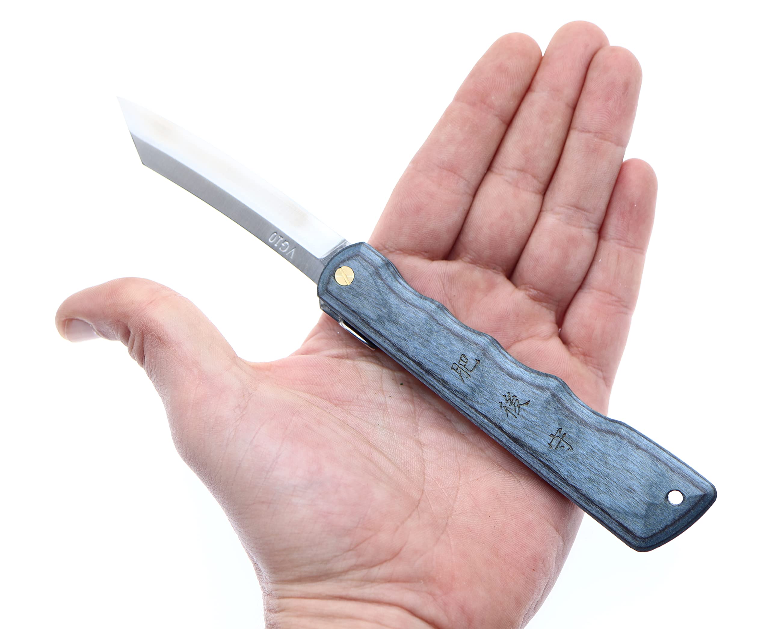 HIGO NO KAMI Couteau de Poche Pliant Artisanal Japonais Warikomi Lame Acier Inoxydable VG-10 Manche Bois Stratifié Couteau Estampillé Fait Main au Japon par Nagao Kanekoma HRC 61 (Bleu)