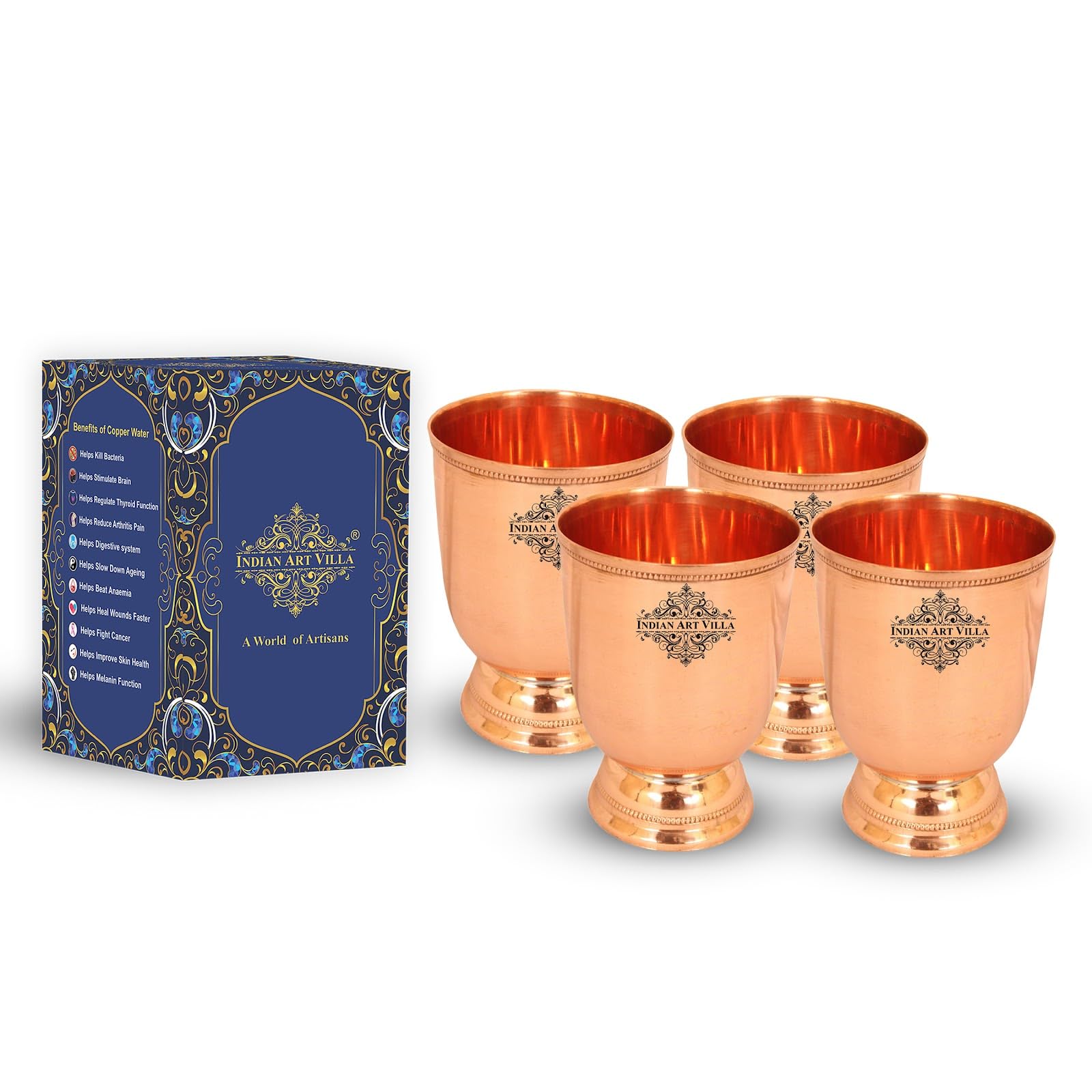 Indian Art Villa Copper Goblet Water Tumbler Glass Set of 4 Drinkware Serveware Ideal for Home Gifting Volume-