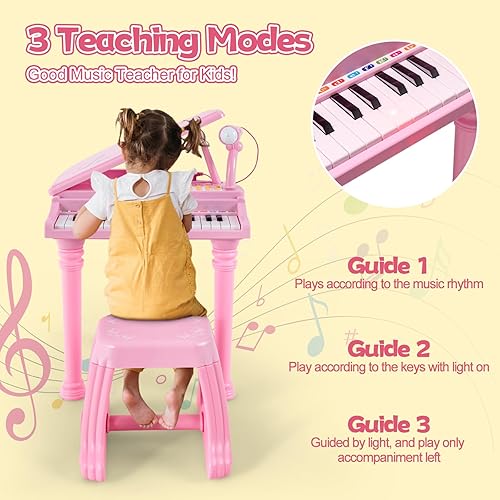 Miniatura 2 de Honey Joy - Piano mini clásico para niños con atril y taburete, piano electrónico portátil, instrumento musical educativo, juguete con micrófono,