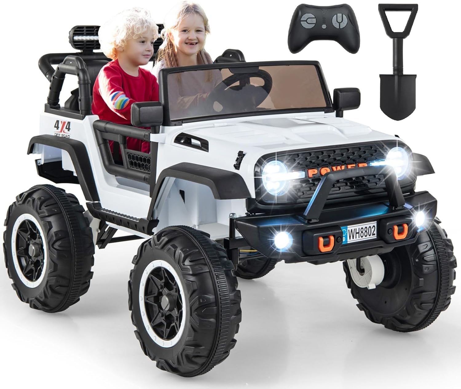 OLAKIDS 24V Ride On Car, 2WD/4WD Switchable 2 Seater Kids' Electric Vehicle Jeep Truck with 20" Wide Seat, 4X550W Power Wheels, Remote Control, Soft Brake, LED Light, Music (Ivory)
