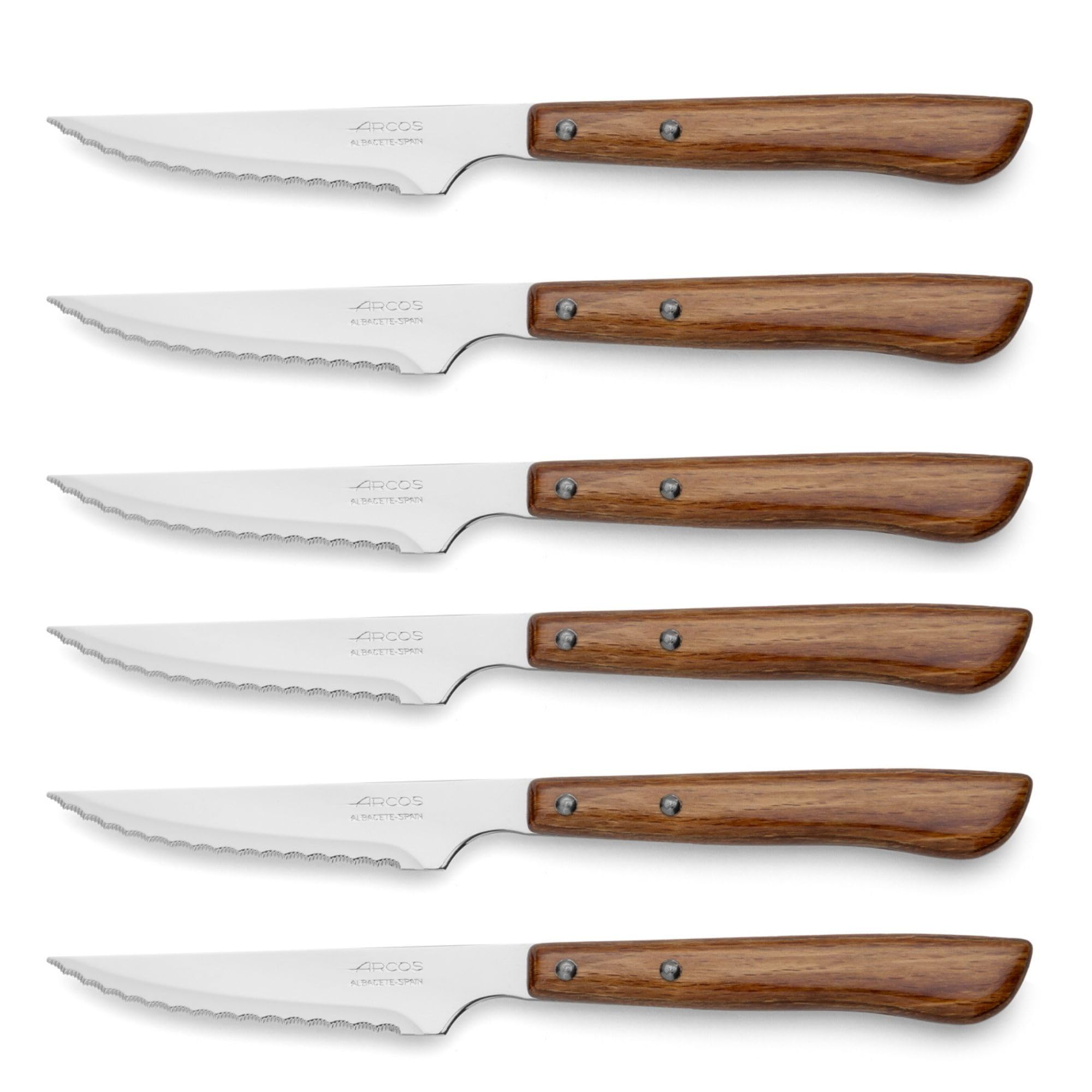 Arcos Set di Posate per Tavola in Acciaio Inossidabile – 6 Coltelli da Bistecca e 6 Forchette con Manico in Legno di Faggio – Marrone, Serie Mesa