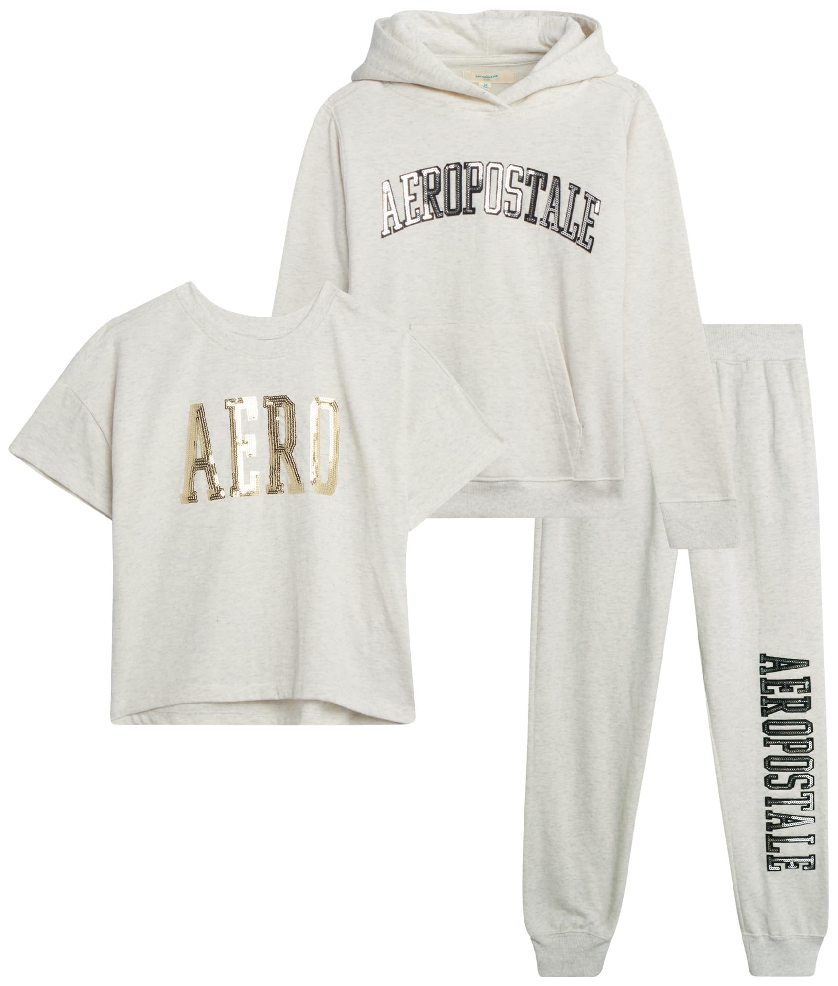 AEROPOSTALE Girls' Sweatsuit Set - 3 Piece Cozy Fleece Pullover Hoodie, Jogger Pants, and Graphic Tee for Girls (Sizes: 7-16)