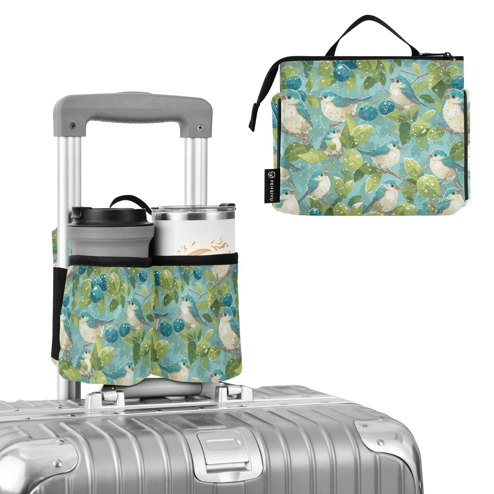 Suitcase Cup Holder Foldable Mint Color Spring Sparrow Water Bottle Carrier Hold Two Coffee Mugs for Travelling Women Men