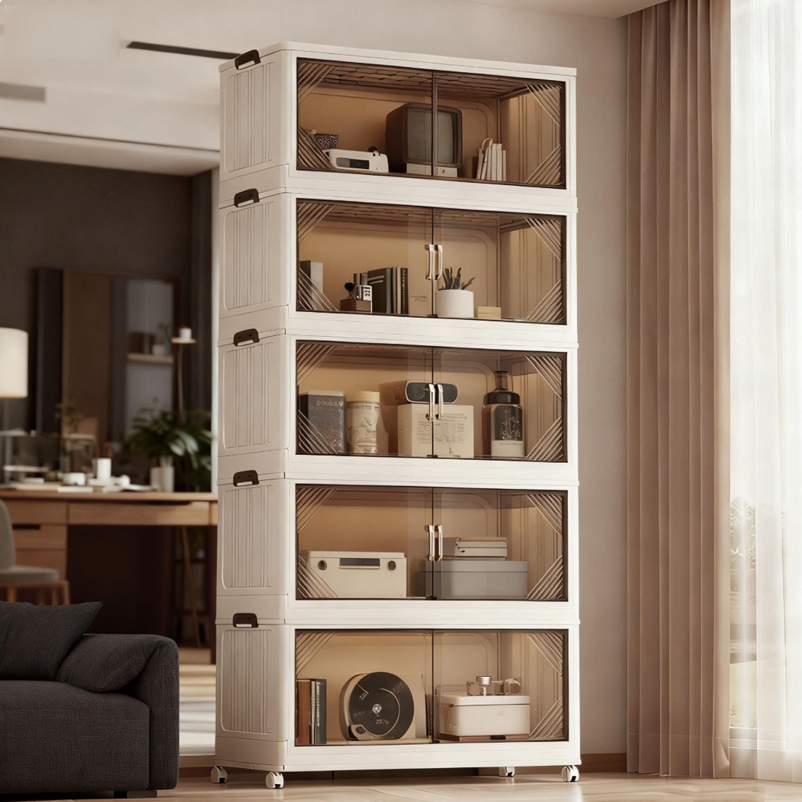 5 Tier Plastic Storage Bins with Lid,Storage Box for Home,Stackable Clothes Organizer, Foldable Stackable Storage Containers with Wheels，Closet Organizers and Storage for Office,Living Room,Dorm