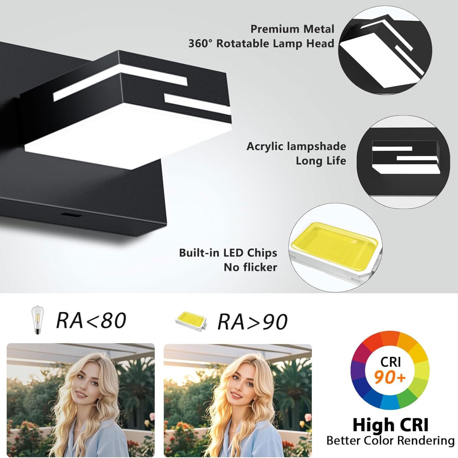 Luci da Specchio Illuminazione Bagno Lampada da Specchio da Bagno Nera da 16 W Bianca Neutra 4000 K IP44 Impermeabile Senza sfarfallio per Lunghezza Applique Bagno Specchio Moderno