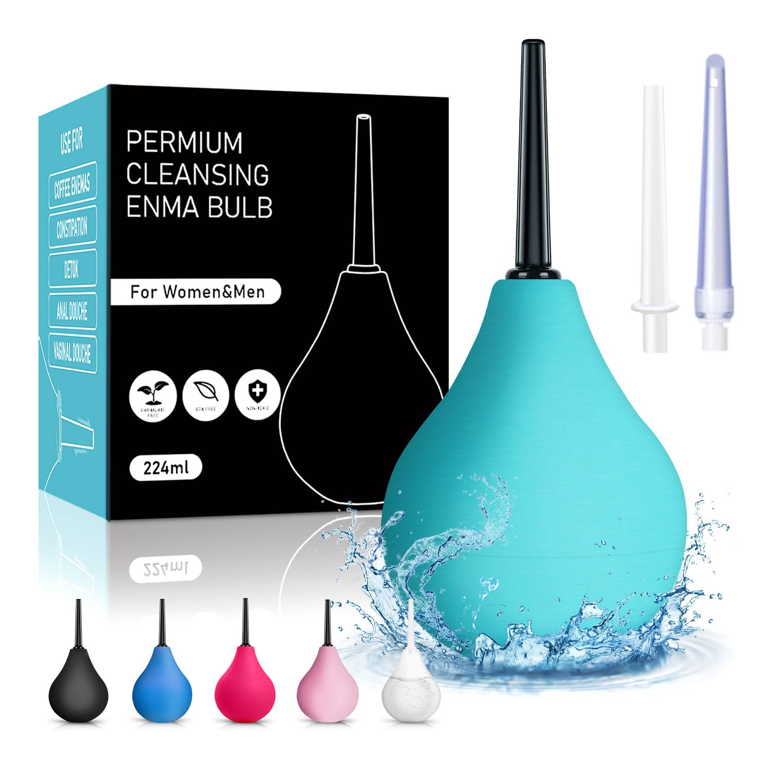 Anal Douche Enema Kit - 224ml Enema Bulb Douches for Men and Women, Reusable Enemas with 3 Replaceable Nozzle for Daily Care &amp; Travel(Green)