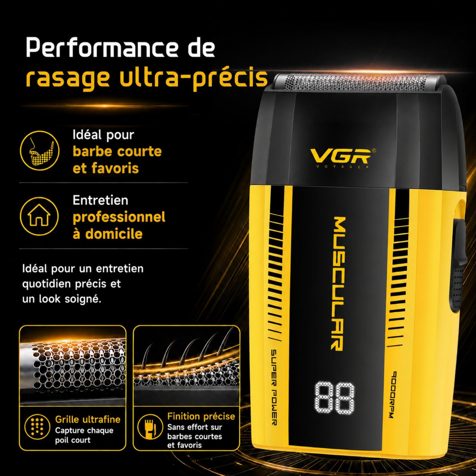 VGR 285S Shaver Homme Sans Fil, Rasoirs à Grille Homme Avec Moteur 9000 RPM