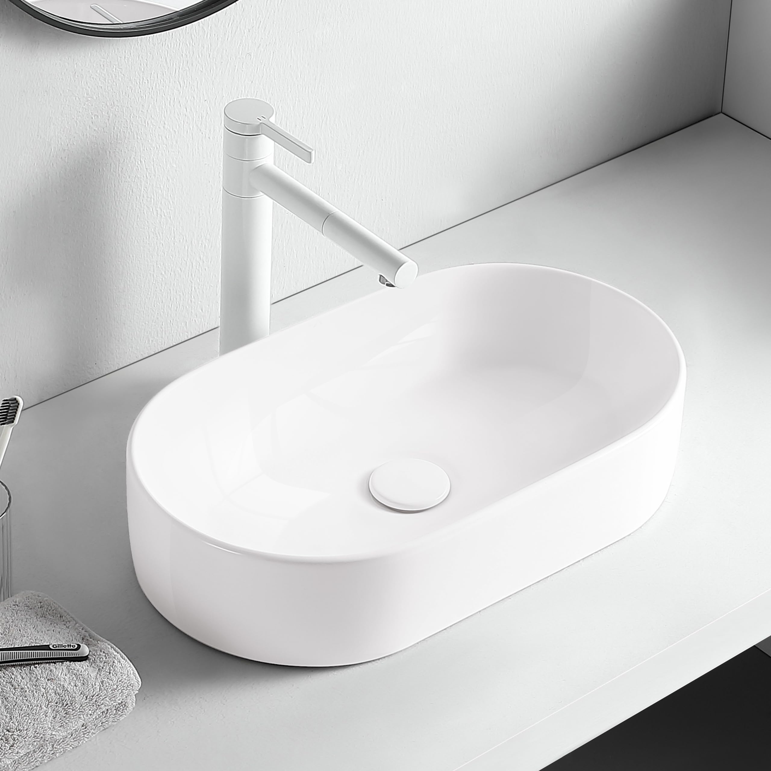 AQUAUNO NAIA Lavabo Ovalado Cerámica Blanca 51 x 31 cm sin Agujero Grifo Rebosadero