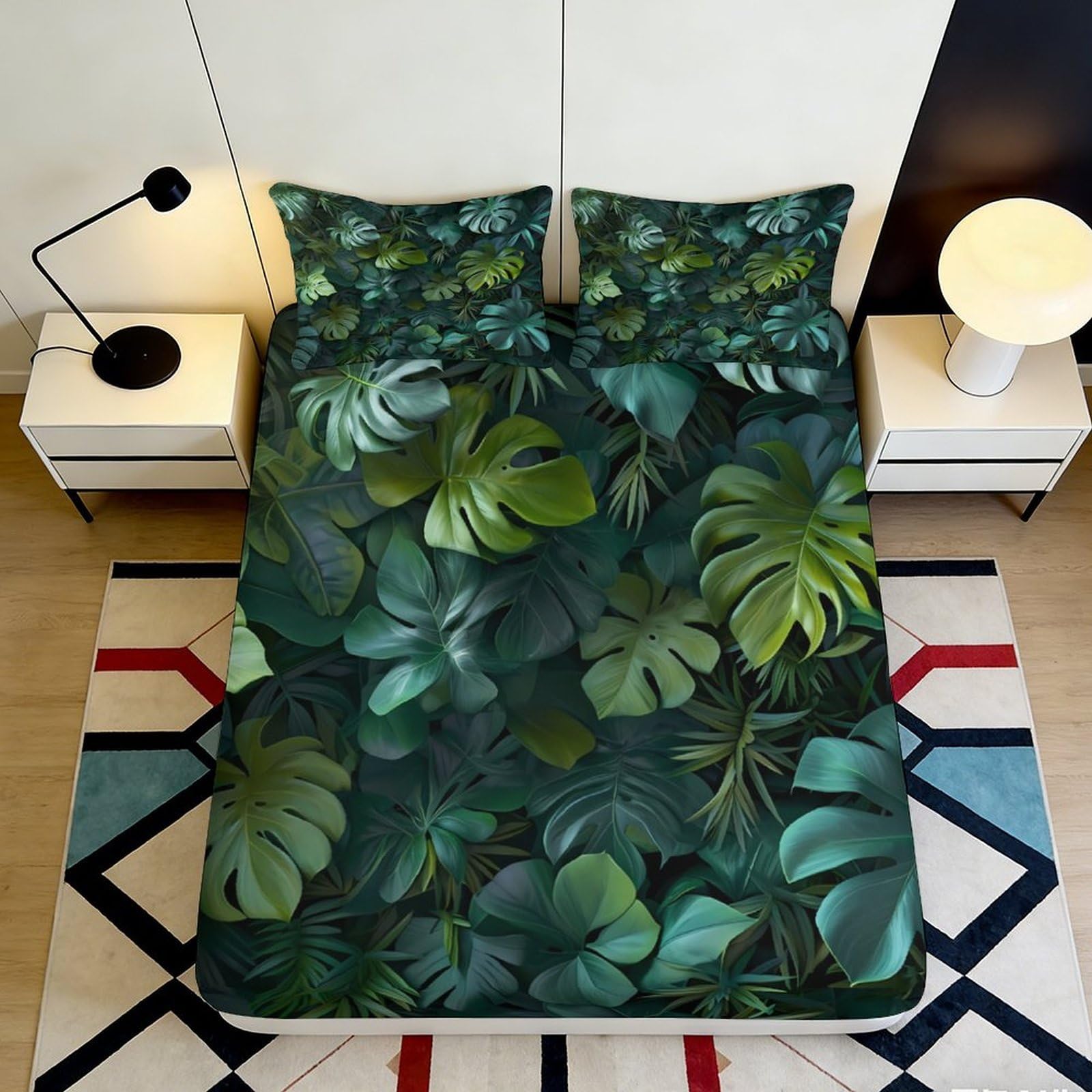 3D Printed Tropical Leaves Fitted Sheet Microfiber Non-slip Botanical Jungle Mattress Cover Bedroom Decor 90x200x25cm