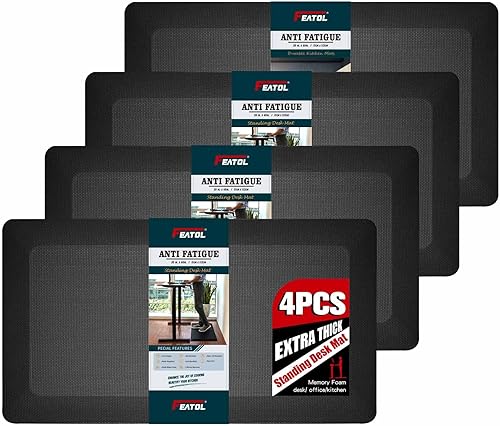 FEATOL Paquete de 4 tapetes antifatiga gruesos acolchados para escritorio de pie para oficina, juego de 4 tapetes ergonómicos de espuma