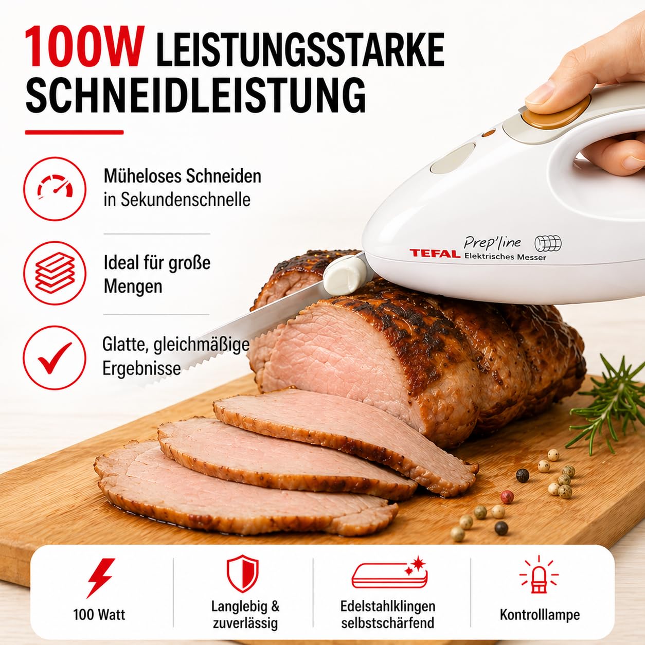 Tefal Elektrisches Messer 100 Watt Edelstahlklinge für Tiefkühl-Gut weiß/greige