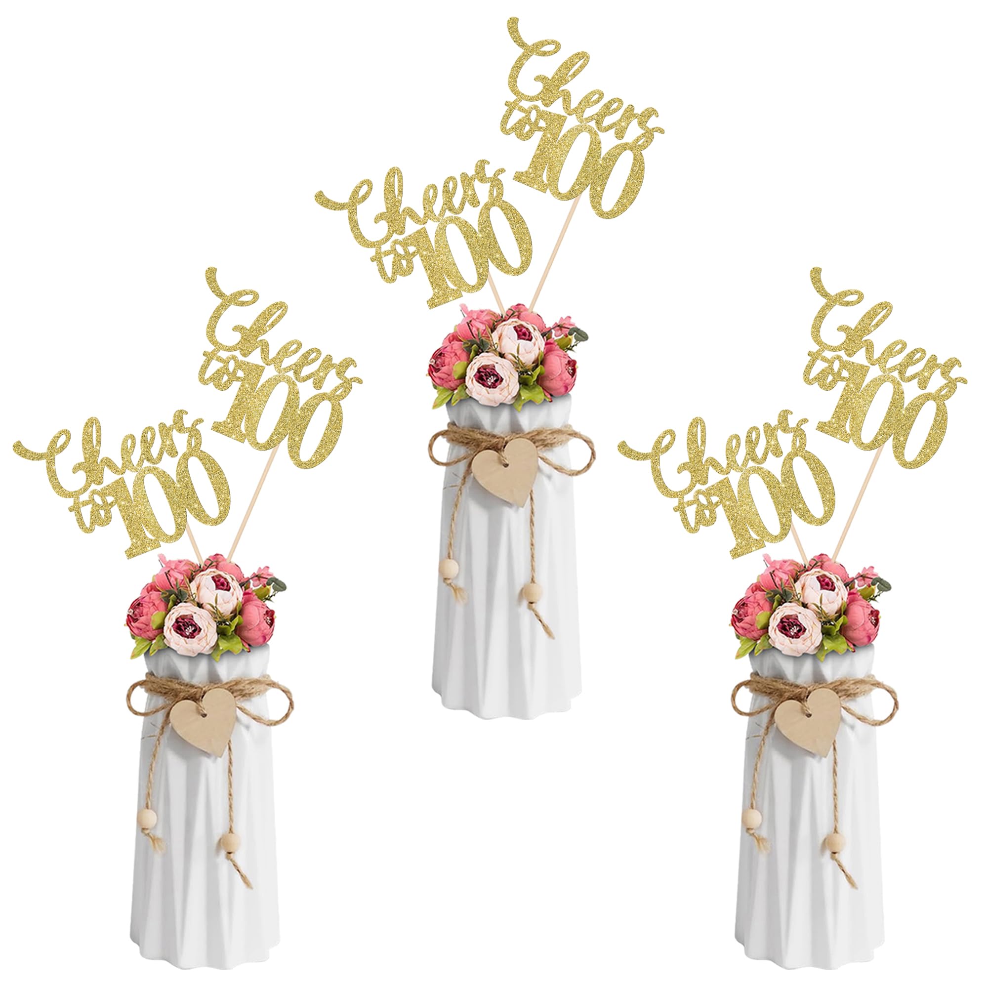 Rsstarxi 12 Pack Cheers to 100 Years Centerpiece Sticks Double Sided Gold Glitter 100th Birthday Table Toppers Decorations for 100th Birthday Wedding Anniversary Party Decorations