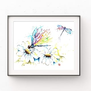 Dragonfly And Flower Wall Art by Whitehouse Art | Dragonfly Gifts, Wall Art for Bedroom, Nursery Decor | Professional Art Print of Dragonfly Original Watercolor Painting | Baby Shower Gifts | 2 Sizes