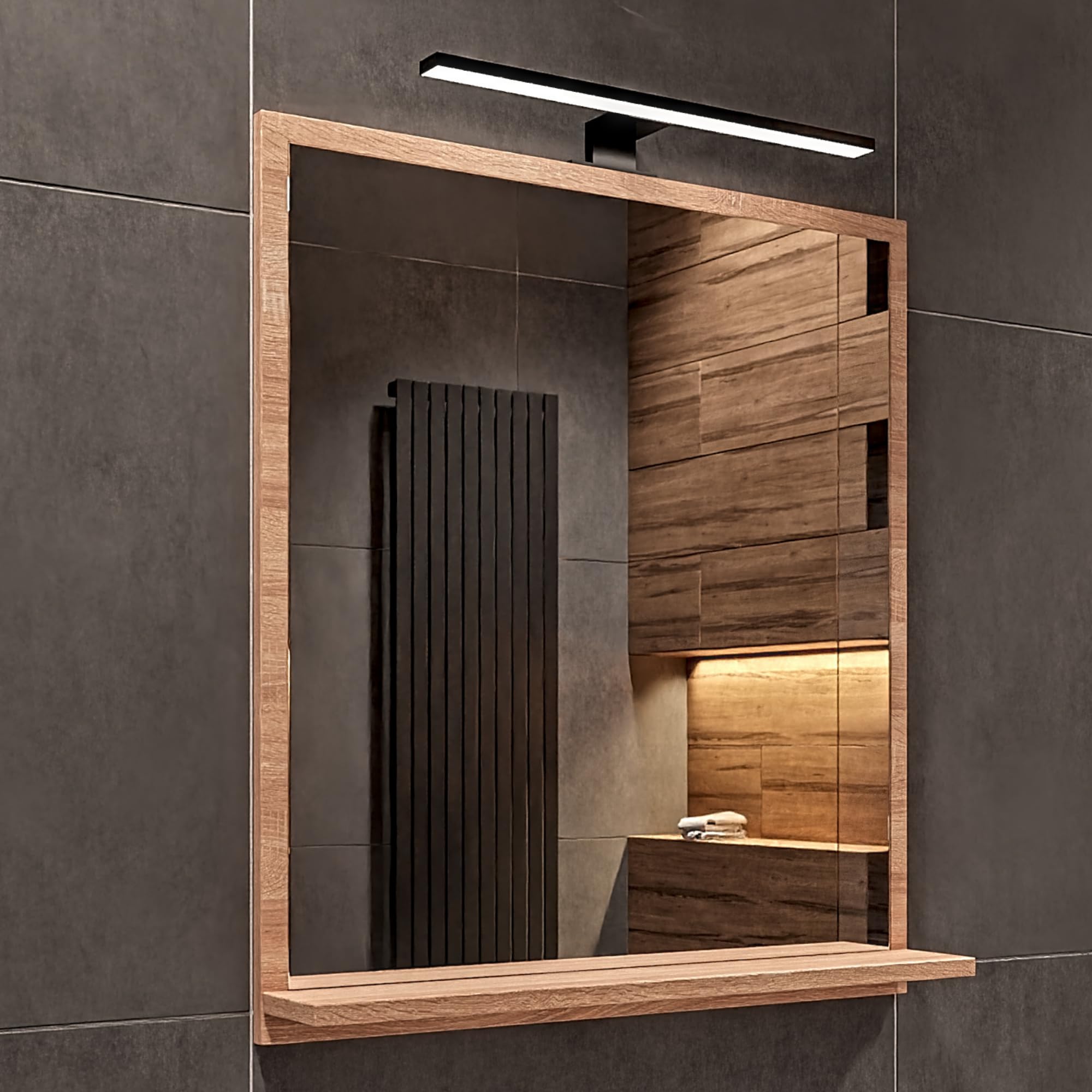 Miroir de Salle de Bain LED Sonoma avec Étagère – 60x70 cm – Éclairage 4000K IP44 – Miroir Rectangulaire Mural Moderne avec Boîtier LED Noir – Miroir avec Rangement pour Salle de Bain