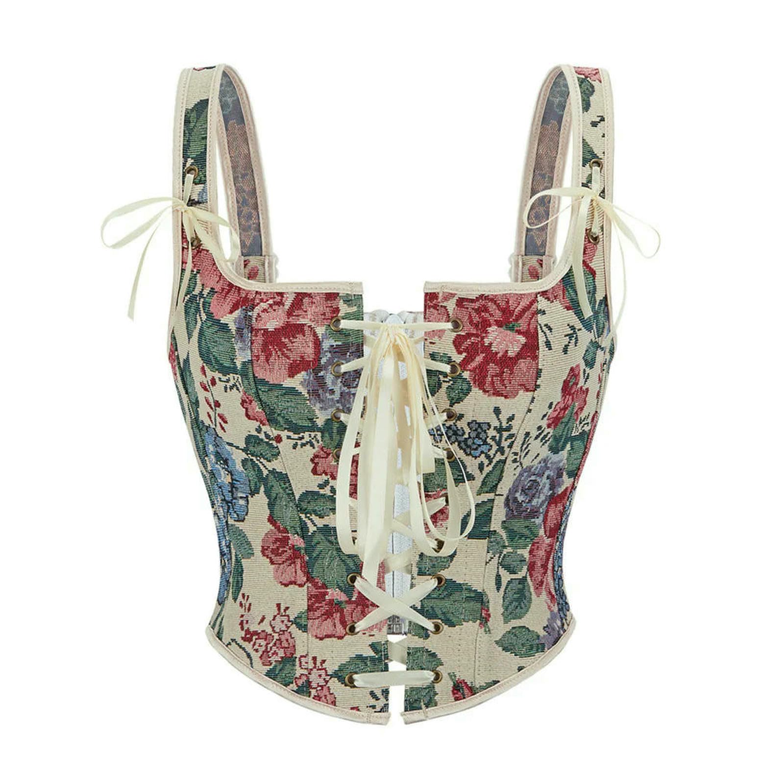 Ceinture amincissante Femme Corsetti da Donna Bustini con Lacci Floreali Tracolla Bustier Jacquard Abiti Casual-Azzurro-m