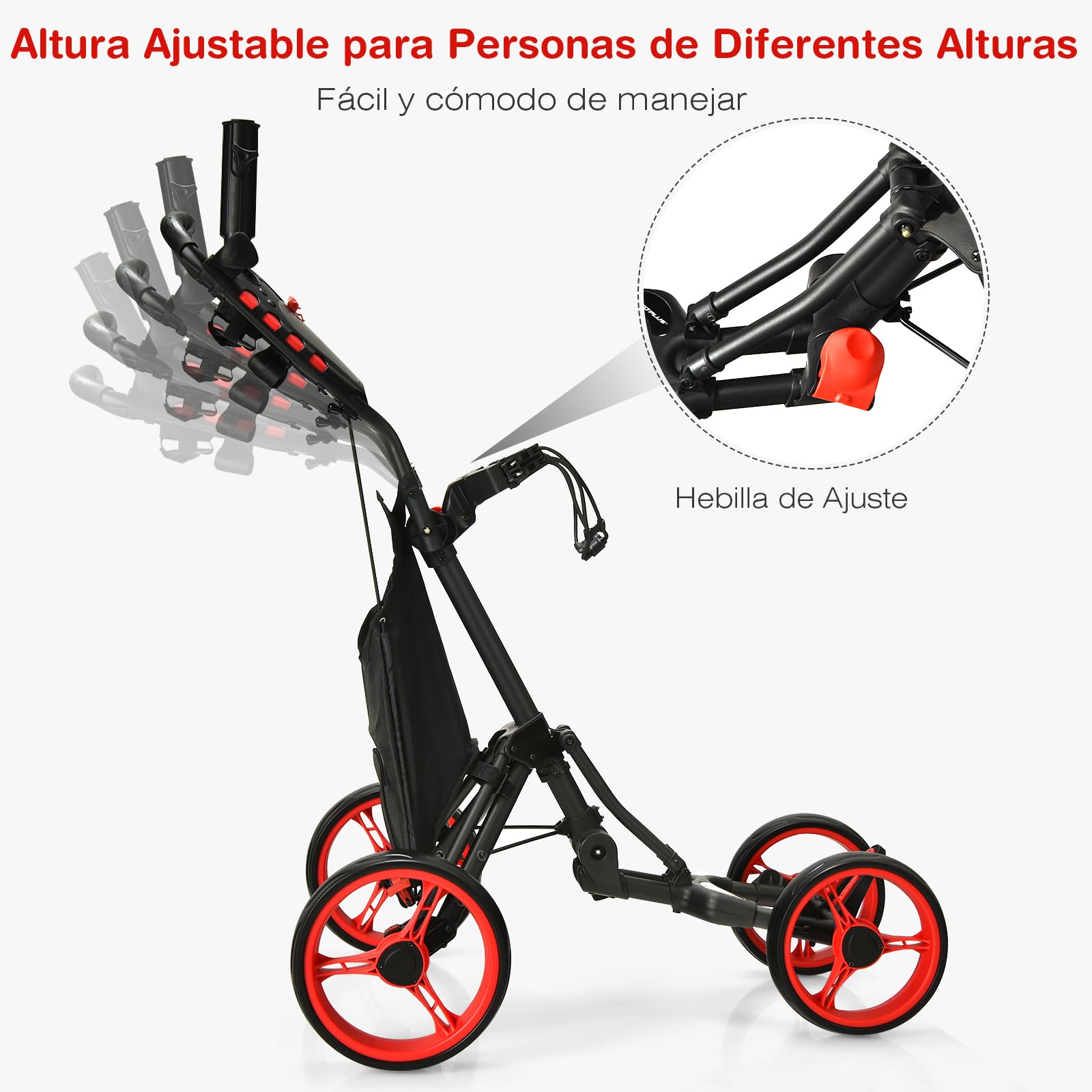 GYMAX Carrito de Golf Plegable de 4 Ruedas, Posiciones de Altura Ajustables, Ligero, con Soporte para Paraguas Ajustable, Bolsa Impermeable, Refrigerador Incorporado, Freno de Pie