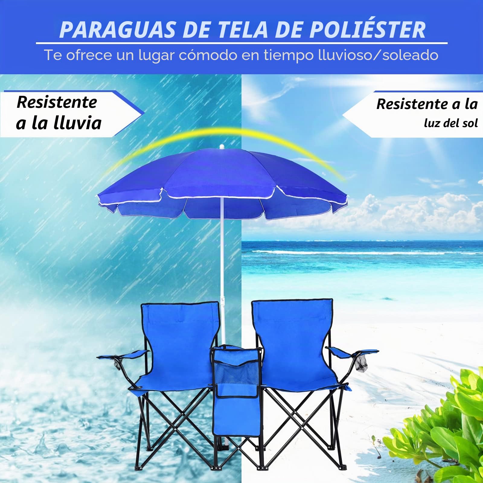 GOPLUS Silla de Camping 2 Plazas con Sombrilla, Sillón Doble con Bolsillo, Portavasos y Bolsa de Transporte, Silla Plegable Portátil para Playa Pesca Barbacoas Picnic (Azul)