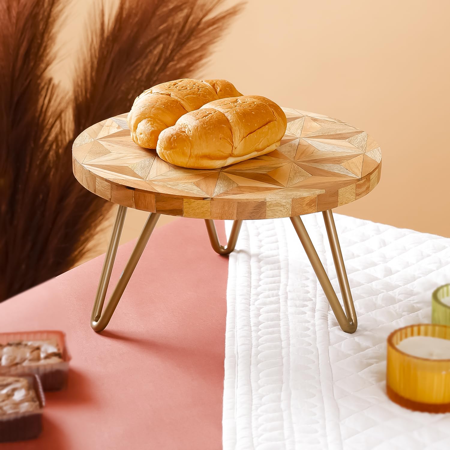 CASA Decor Wooden Geometrical Forest Decorative Pizza Pastry Cake Stand Pack of 1 (Gold, Diameter-10 Inch)