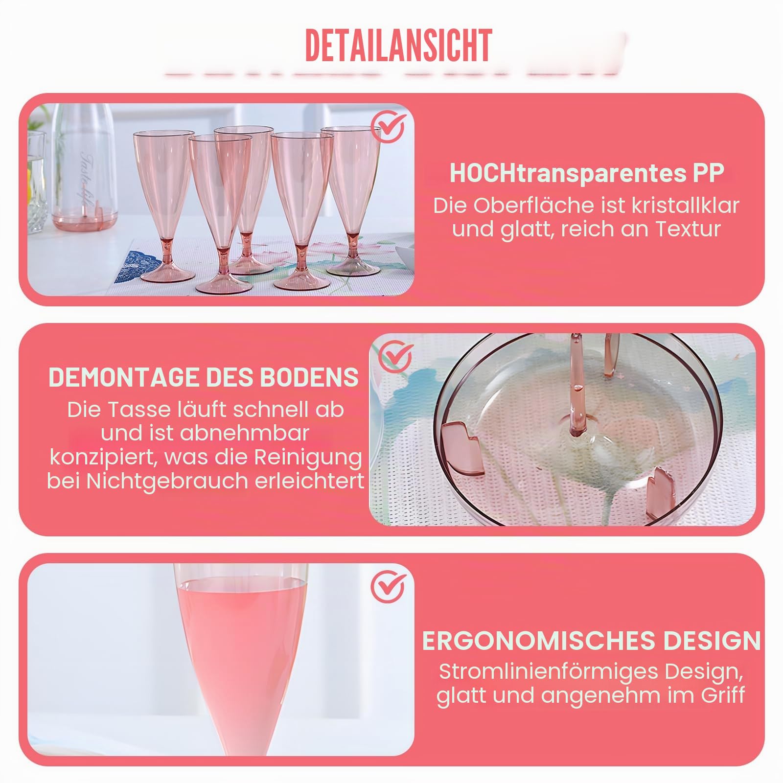 PORFOYO Sektgläser Plastik, 10 Stück 155 Ml Stapelbar Champagner Gläser, 15 X 6.5 Cm Kunststoff Mehrweg Champagnergläser Mimosa Für Sektempfang, Hochzeit, Geburtstag, Party, Picknick (Pink)