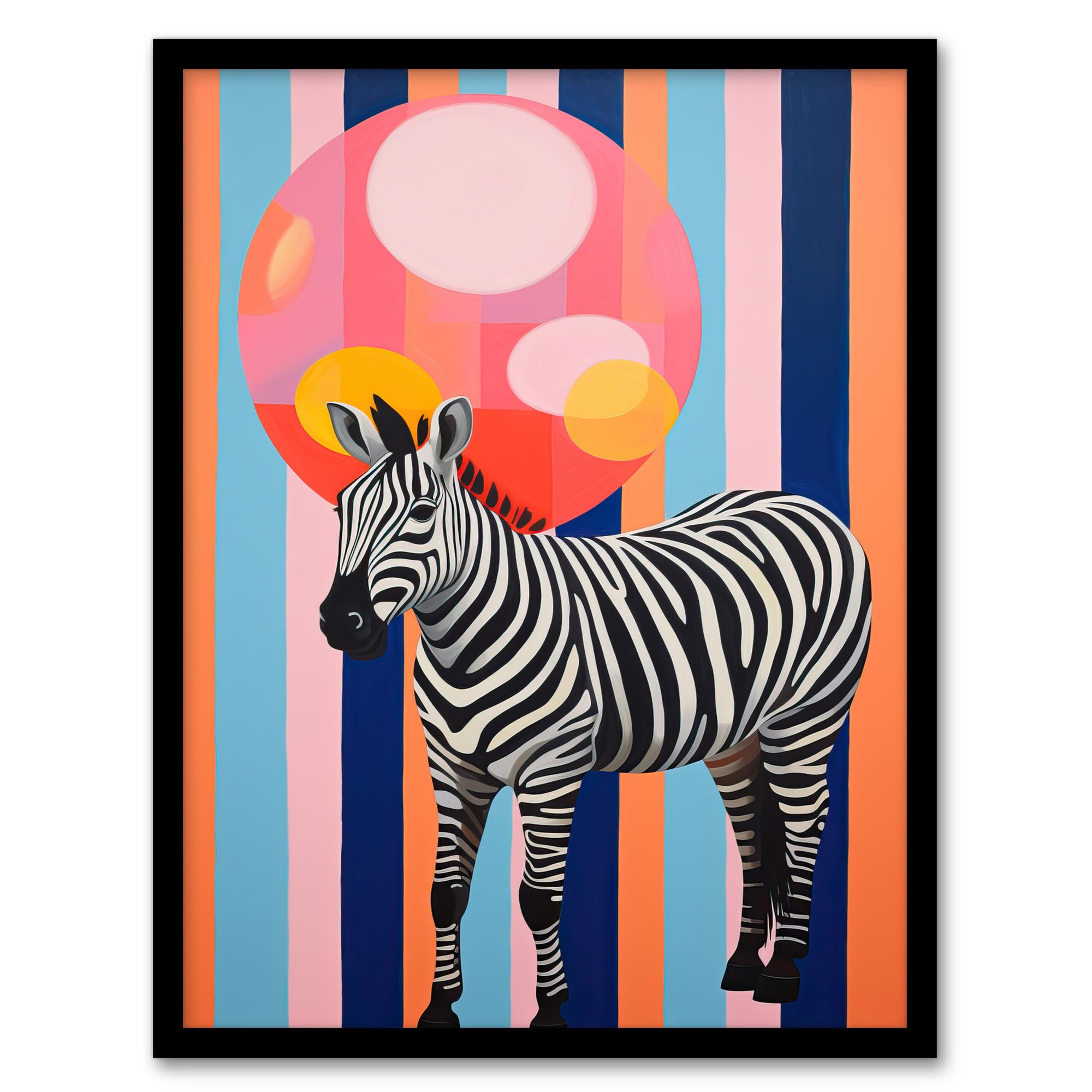 B&Q -  Party Animal Zebra Stripes And Balloon Orange Pink Blue Fun Oil Painting Wall Art PrintA4 Size