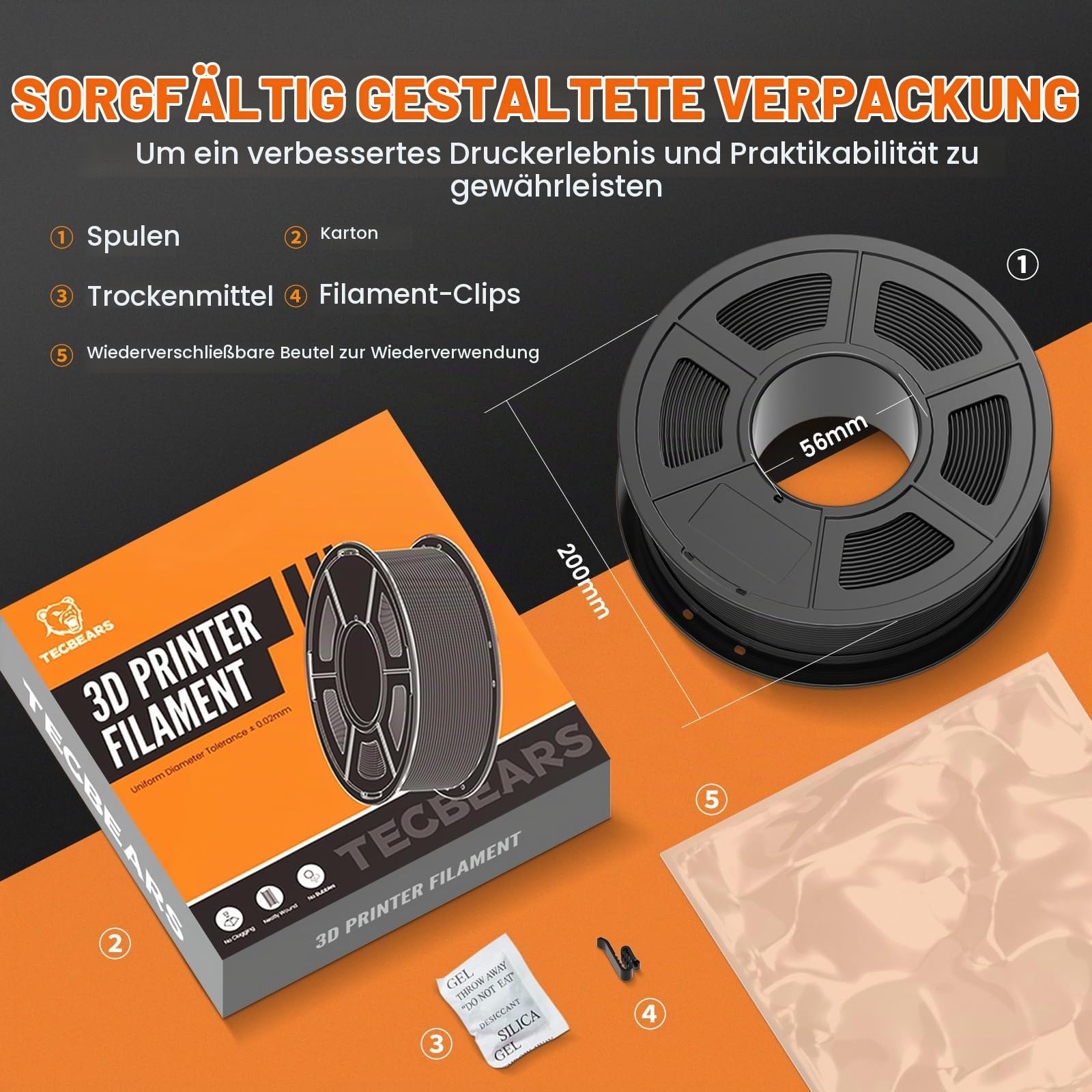 TECBEARS PETG Filament 1.75 mm Bündel Multicolor 10KG, 1.75mm PETG 3D Filament, 1kg/Spule,10 Packung (Schwarz, Weiß, Transparent, Grau, Rot, Blau, Grün, Orange, Lila, Schokolade)
