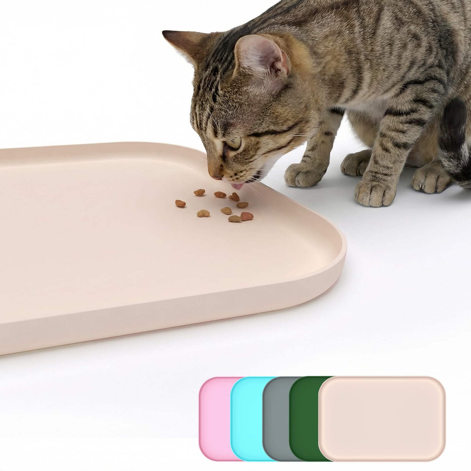 BLESWIN Non-Slip Silicone Dog Food Mat & Pet Feeding Mat - Waterproof Dog Bowl Mat for Messy Eaters, Easy Clean Floor Protector with Raised Edge（Beige，45 * 30cm）