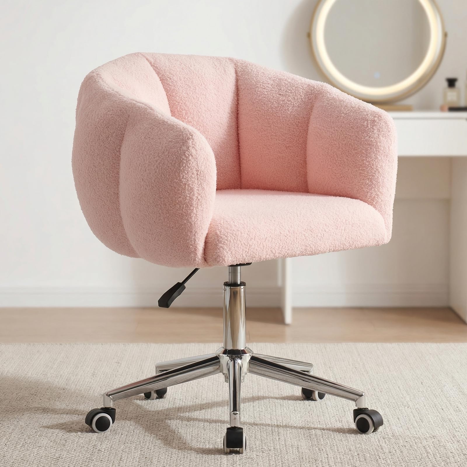 JMYXF Vanity Chair 360° Swivel Desk Office Chair Height Adjustable Makeup Dressing Table Chair for Home Office Bedroom Swivel Chair Teddy Fleece Modern Home Chair (Bread Pink)