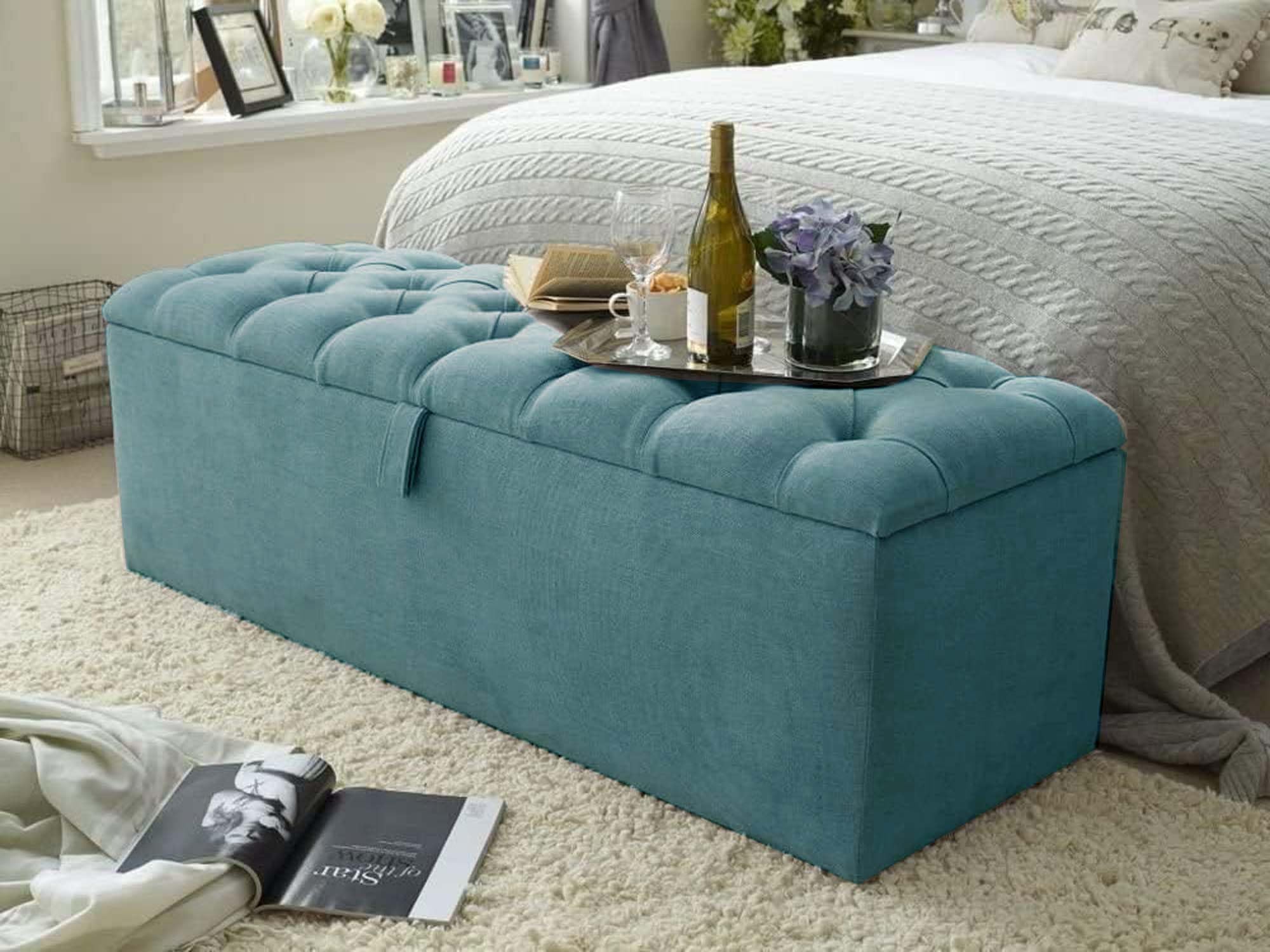 Chesterfield Ottoman Storage Bench - Pouffe Stool Footstool Ottoman Storage Box in 3ft 4ft 4ft6 5ft 6ft Sizes - In Chenille Fabric with Matching Buttons (Teal Chenille, 5ft King Size)