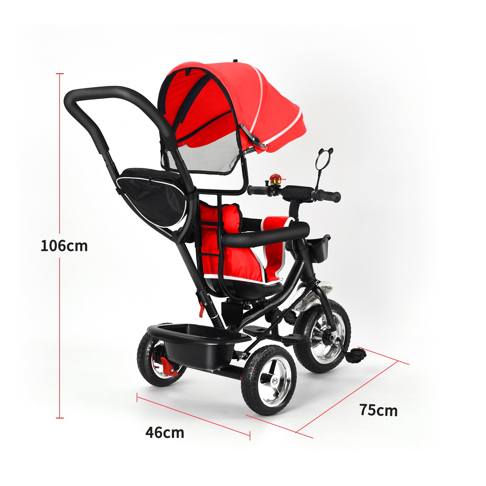 Triciclo per bambini evolutivo con sedile reversibile, triciclo a spinta per ragazze e ragazzi, tettoia+grande armatura+barra di spinta regolabile (grande rosso)