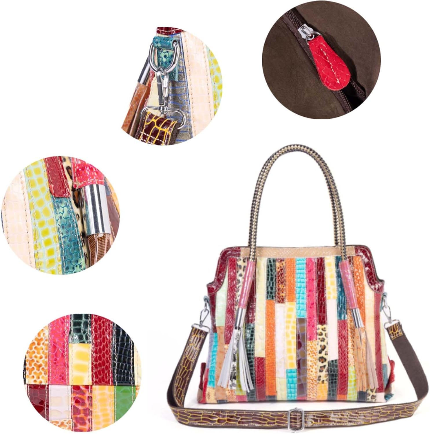 Multicolored Floral Leather Shoulder Crossbody Bags for Ladies Patchwork Colorful Satchel Snake Pattern Tote Handbags - Image 4