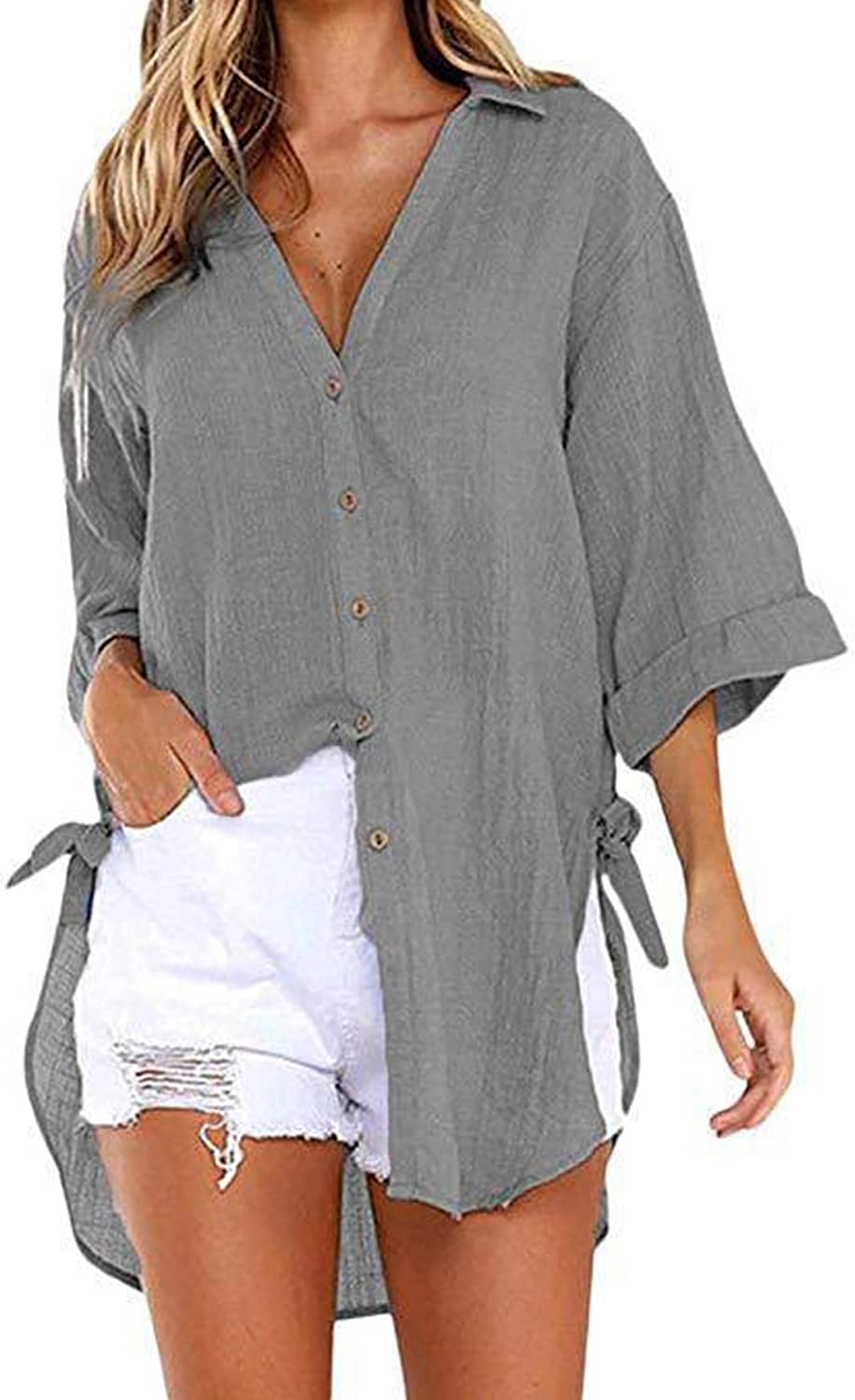 Bozanly Casual V Neck 3/4 Sleeve Button Down Shirts High Low Oversized Summer Beach Blouse Tops for Women - Image 2